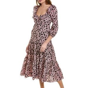 LIKELY Women's Bella Dress Floral Black Midi Ruffle Tiered Flowy Pockets 00 XXS